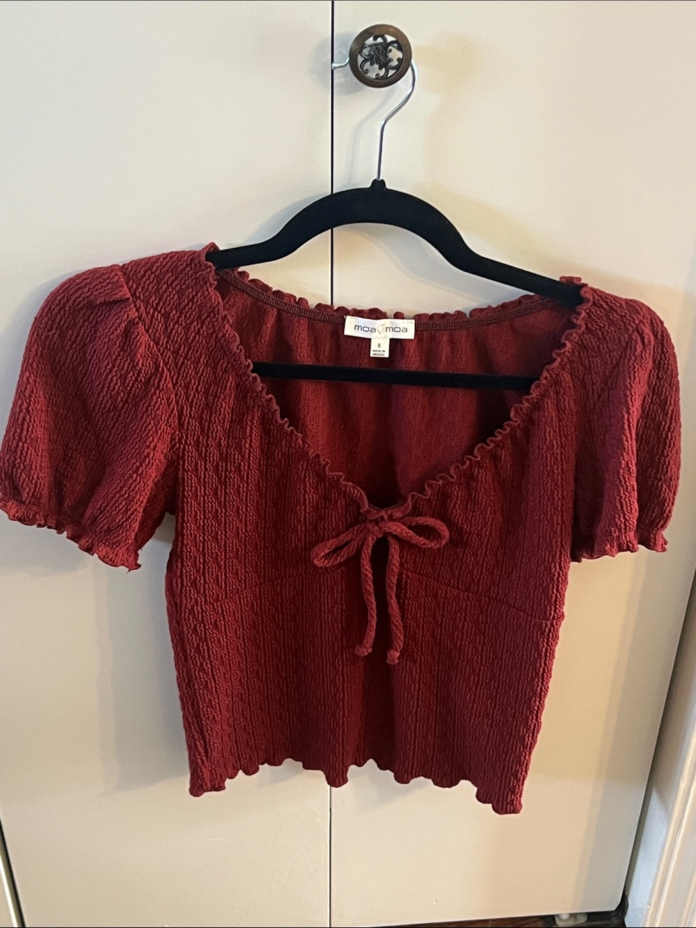 S NWOT Moa Moa Burgundy Smocked Bow Top Blouse Dillards